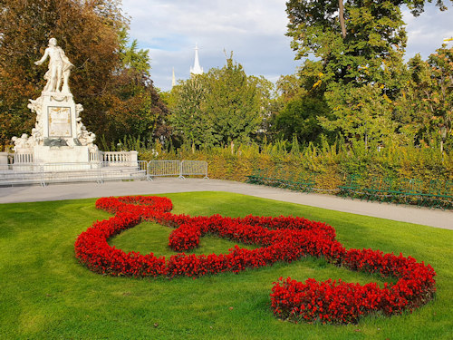 Flower display in front of the Mozart monument