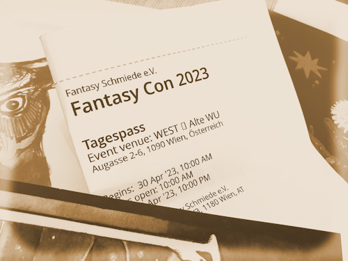 Fantasy con ticket with art samples