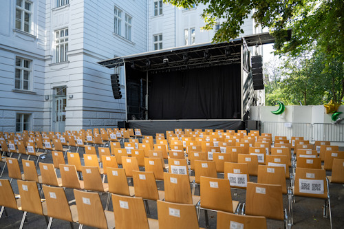 Chairs and stage for an open-air concert