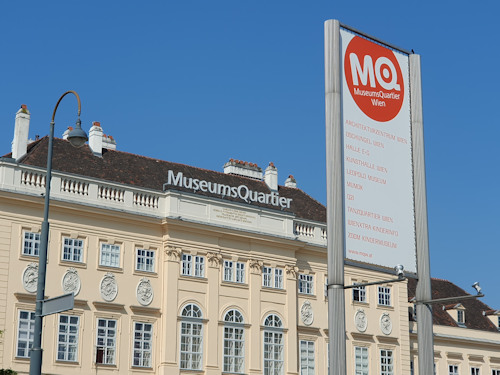 Front façade of the MuseumsQuartier with sign and lettering