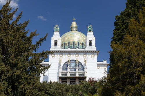 Exterior view of the Otto Wagner church through the trees