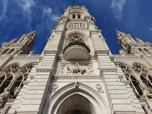 View up the front of the central tower of Vienna's Rathaus