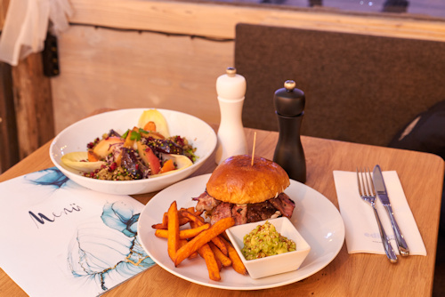 Burger and fries in a restaurant