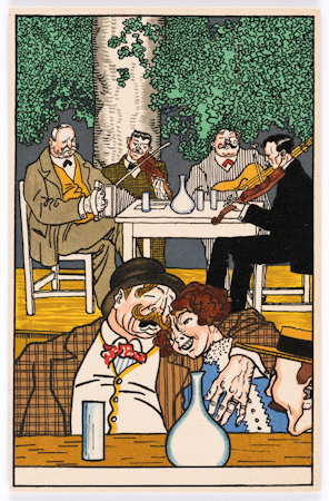 Heuriger scene depicted on a postcard