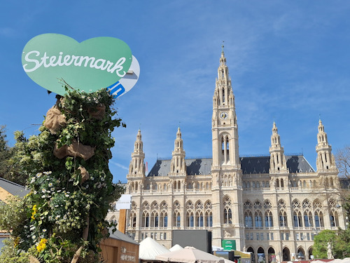 Steiermark sign with the Rathaus in the background