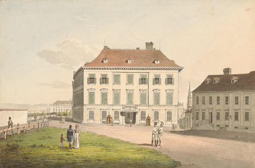 Historical watercolour of a palais building
